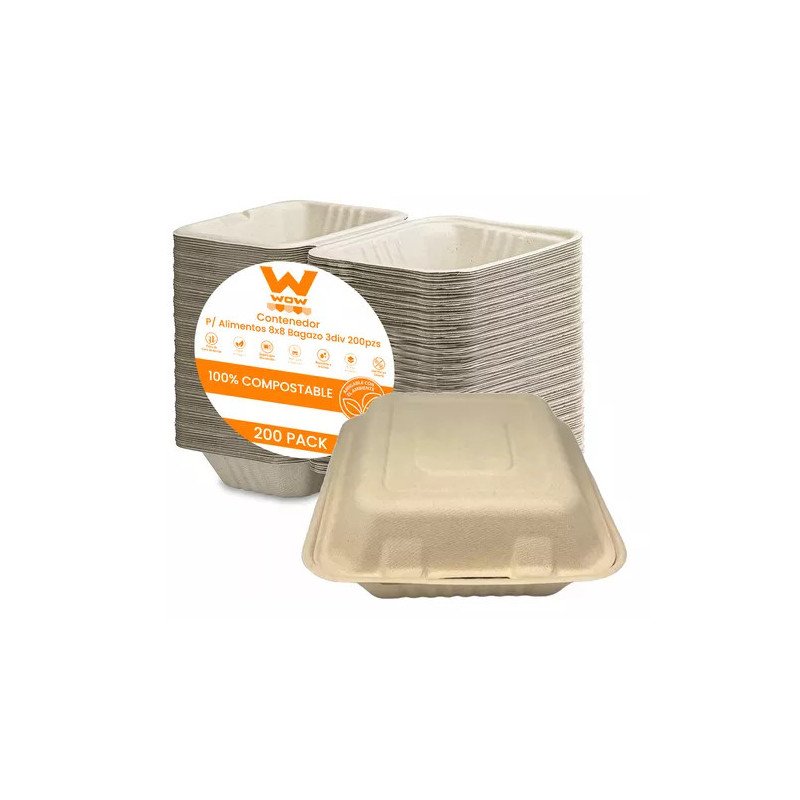 Contenedor Biodegradable P/ Alimentos 8x8 Bagazo 3div 200pzs
