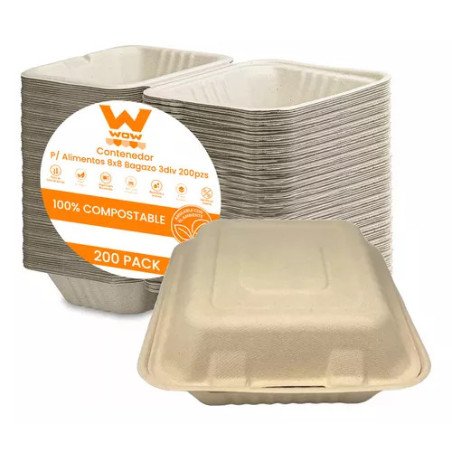 Contenedor Biodegradable P/ Alimentos 8x8 Bagazo 3div 200pzs