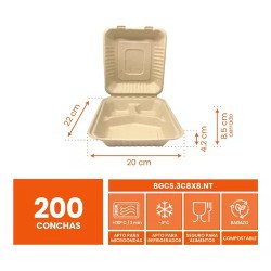Contenedor Biodegradable P/ Alimentos 8x8 Bagazo 3div 200pzs