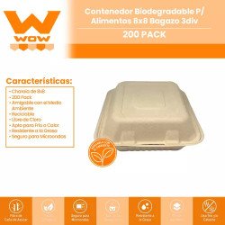 Contenedor Biodegradable P/ Alimentos 8x8 Bagazo 3div 200pzs