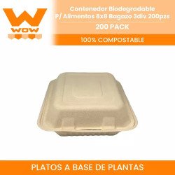 Contenedor Biodegradable P/ Alimentos 8x8 Bagazo 3div 200pzs