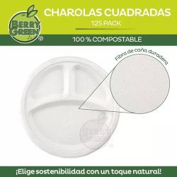 Berry Green 125 Platos Grandes Con Divisiones, 100% Compostables