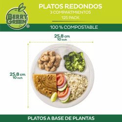 Berry Green 125 Platos Grandes Con Divisiones, 100% Compostables