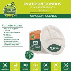 Berry Green 125 Platos Grandes Con Divisiones, 100% Compostables