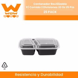 Contenedor Reutilizable P/ Comida 2 Divisiones 32 Oz 25 Pzs
