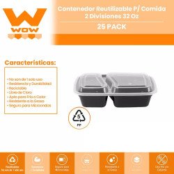 Contenedor Reutilizable P/ Comida 2 Divisiones 32 Oz 25 Pzs