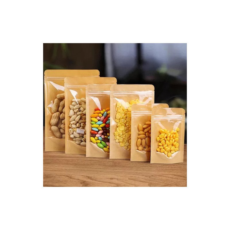 100 Bolsas Stand Up Pouch Kraft Frente Transparente Para 1kg