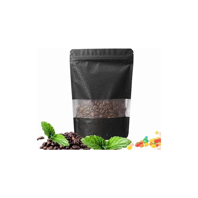 500 Bolsas Stand Up Pouch Kraft Negro Con Ventana Para 150gr