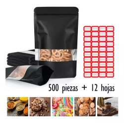 500 Bolsas Stand Up Pouch Kraft Negro Con Ventana Para 150gr