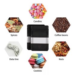 500 Bolsas Stand Up Pouch Kraft Negro Con Ventana Para 150gr